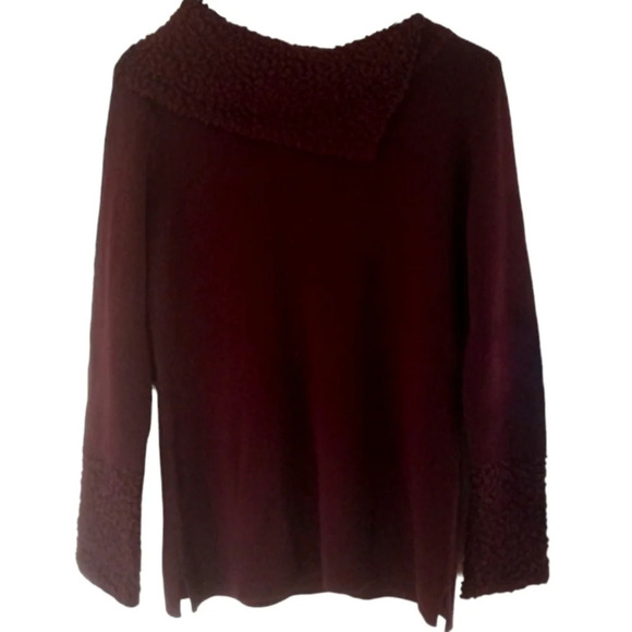 Dana Buchman Women Boucle Knit Collar & Cuff Burgundy Merino Wool Sweater Small - Picture 1 of 5